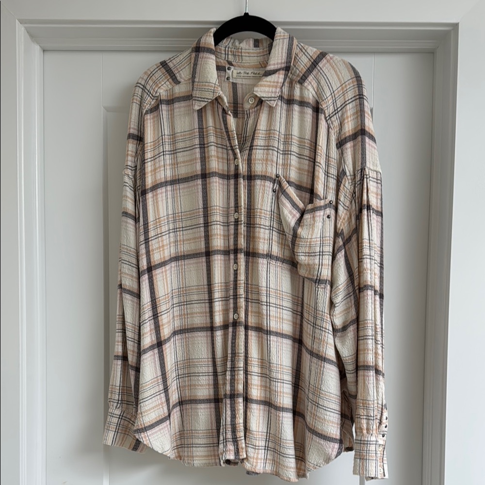 Free People Plaid Women’s Shirt in Cream and gray with pink accents